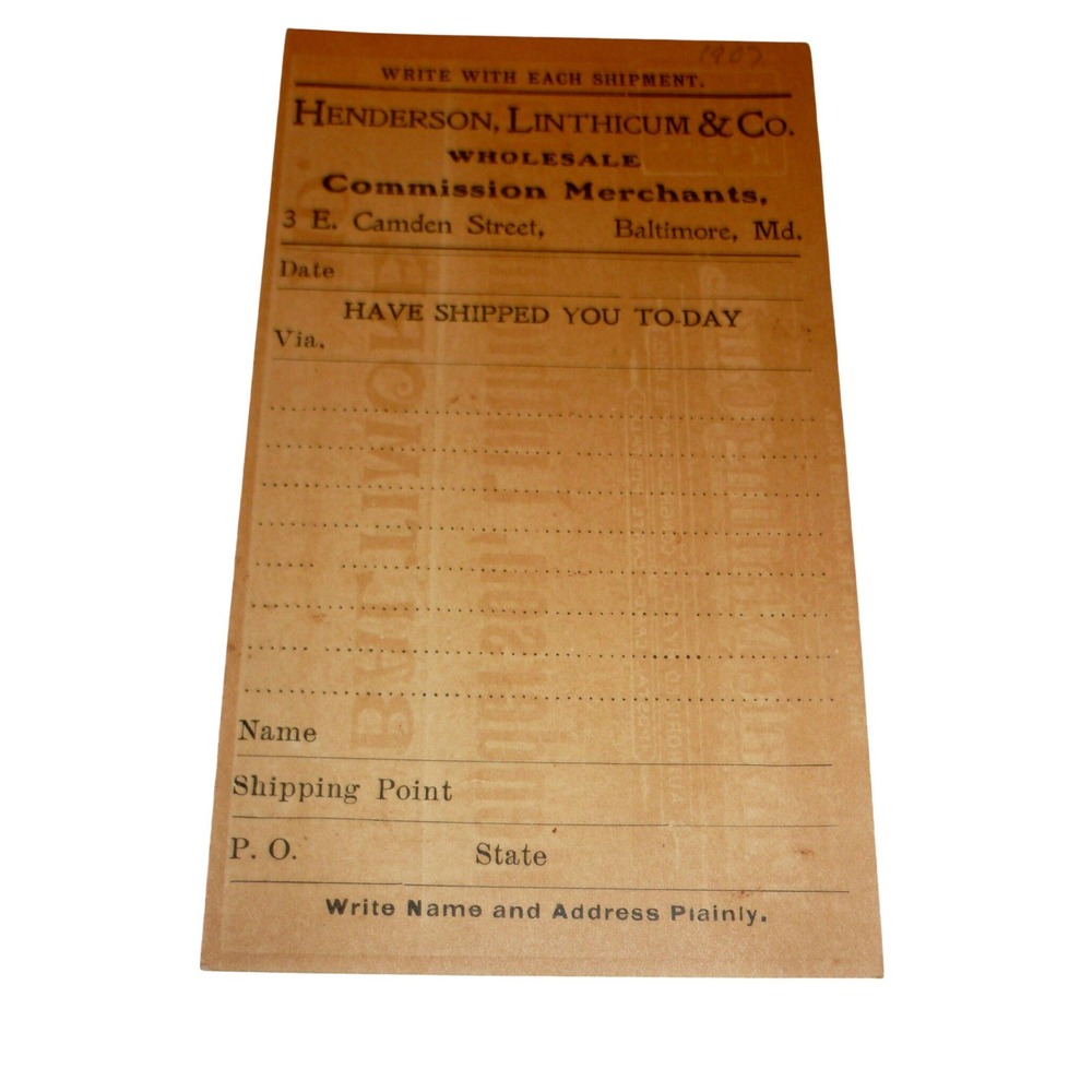Antique Henderson Linthicum Baltimore MD Postal Card Wholesale Merchant Ephemera